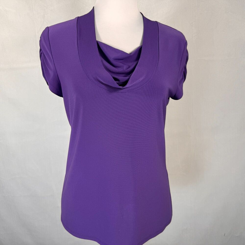 Tahari Arthur S Levine Top Sz S Purple Scoop Cowl Neck Ruched Short Sleeve